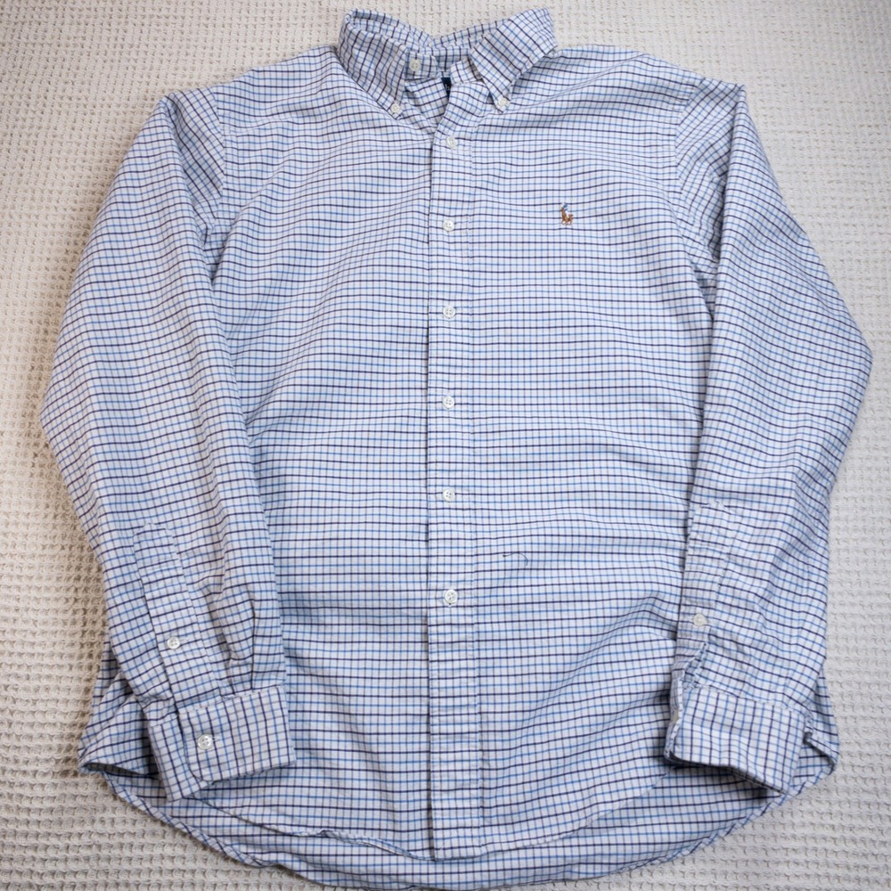 Ralph Lauren Mens Custom Fit Tattersall Check Button Down Shirt Blue White L